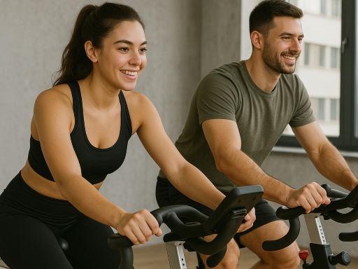 Young Couple Doing Cardio On Stationary Bike