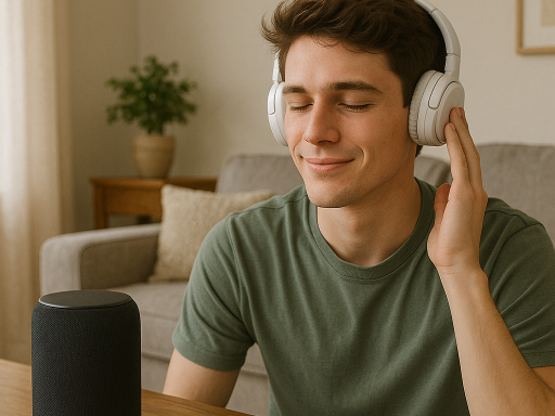 Young Guy Listen To Smart Speakers